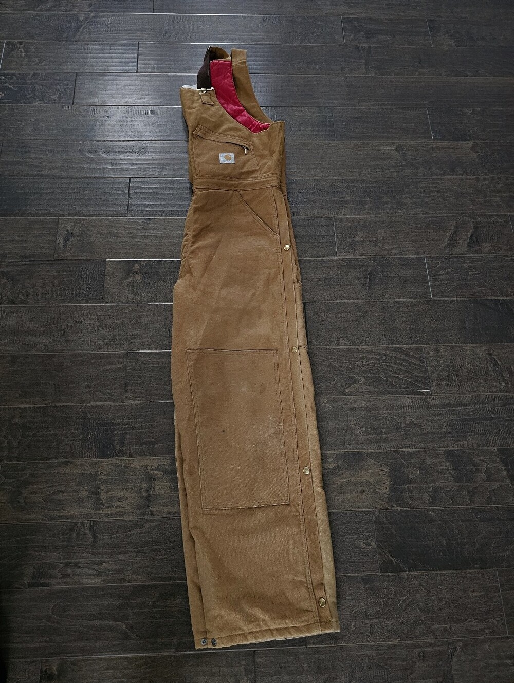 VINTAGE Beautiful Carhartt Brown Duck Bib Overalls with Red Lining Sz 40 X 30 - Picture 8 of 14